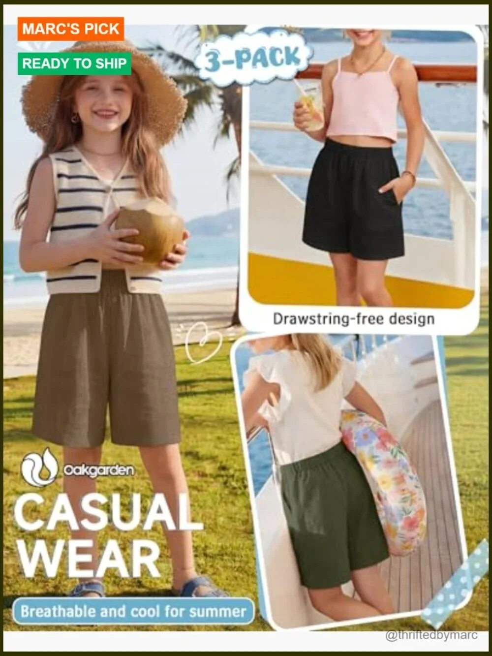 Girls Linen Bermuda Shorts 3 Pack Elastic Waist Knee Length with Pockets